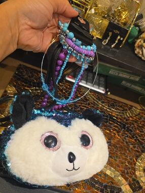 Kids Plush Panda Crossbody Bag with Blue & Purple Beaded Bracelet Set